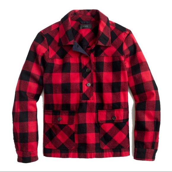 J. Crew Tops - J. CREW Buffalo Plaid Check Wool Blend Popover Red Black Size Medium